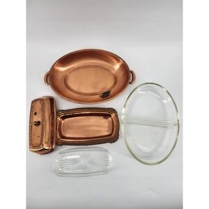 Vintage Copper Divided Serving Dish with Glass Insert and Small Copper Tray Set